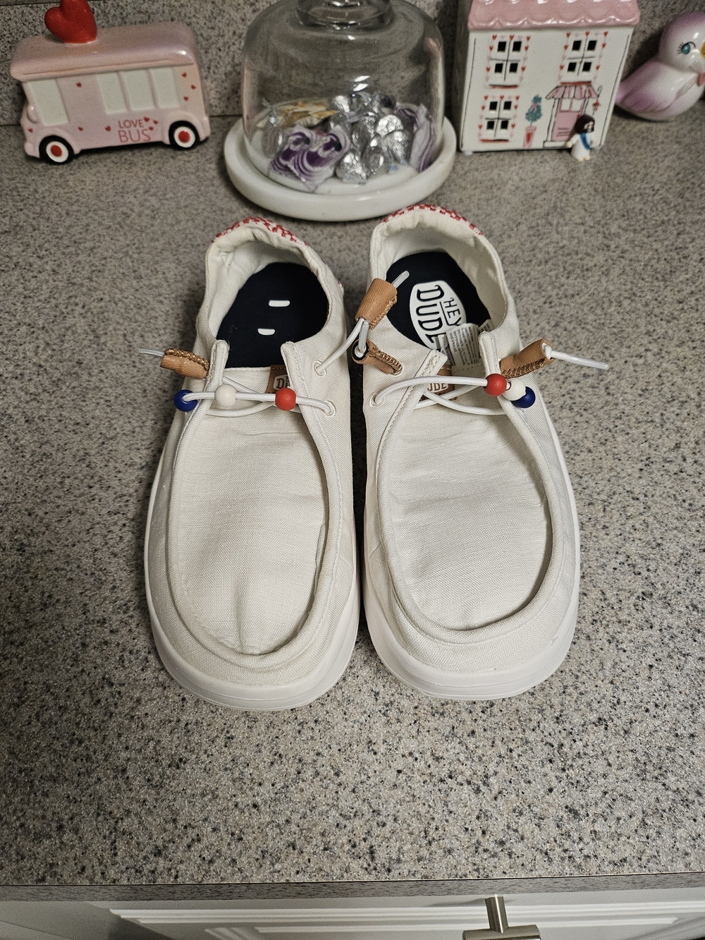 Hey Dude Women's Cream Canvas Slip-On Flats with Red & Blue Bead Accents - Picture 2 of 11